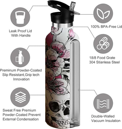 Pickleball Sport Water Bottle with Straw, Vacuum Insulated Stainless Steel Thermal Drinking Travel Mug Cups For Gym Fitness Camping-20oz/600ml