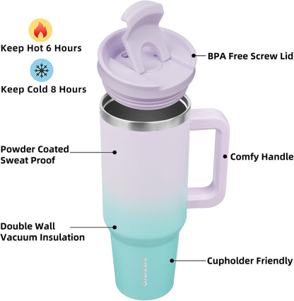 30 oz Insulated Tumbler with Handle & Straw, Stainless Steel | Double Wall Vacuum Insulation, Leak Proof, BPA Free, Dishwasher Safe, Cupholder Friendly, Travel & Outdoor, Mint