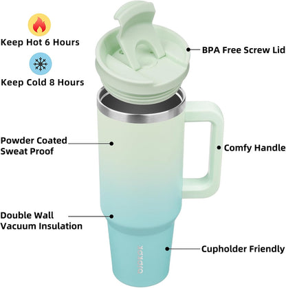 30 oz Insulated Tumbler with Handle & Straw, Stainless Steel | Double Wall Vacuum Insulation, Leak Proof, BPA Free, Dishwasher Safe, Cupholder Friendly, Travel & Outdoor, Mint