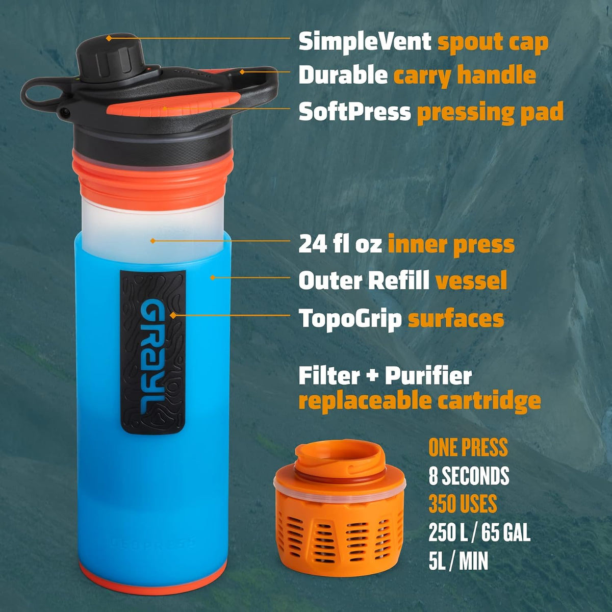 GeoPress 24 oz Water Purifier & Water Filter Bottle, Bali Blue