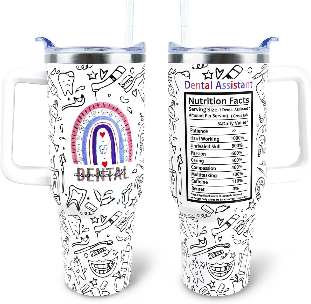 Dental 40 oz Tumbler with Handle Straw Lid Leak Proof | Travel Coffee Mug Insulated Hot Cold Ice Christmas Mothers Day Birthday Gifts for Women Dental