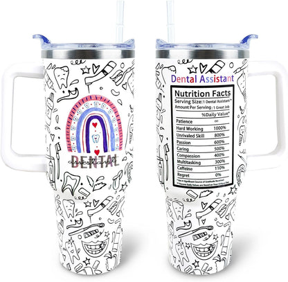 Dental 40 oz Tumbler with Handle Straw Lid Leak Proof | Travel Coffee Mug Insulated Hot Cold Ice Christmas Mothers Day Birthday Gifts for Women Dental