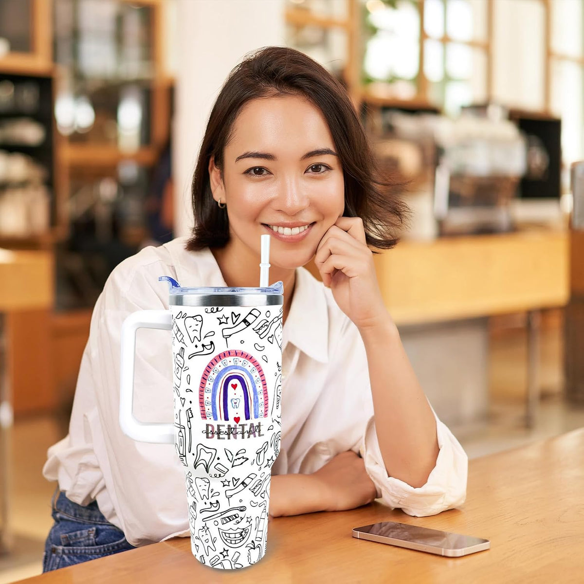 Dental 40 oz Tumbler with Handle Straw Lid Leak Proof | Travel Coffee Mug Insulated Hot Cold Ice Christmas Mothers Day Birthday Gifts for Women Dental
