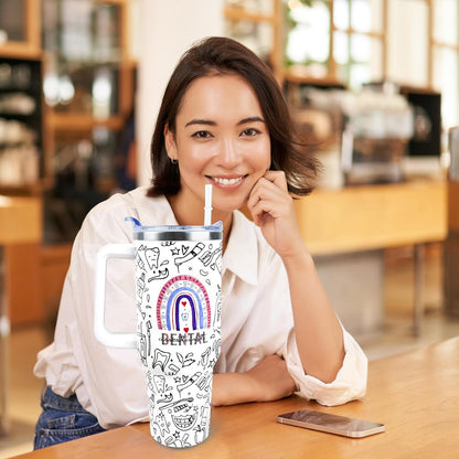 Dental 40 oz Tumbler with Handle Straw Lid Leak Proof | Travel Coffee Mug Insulated Hot Cold Ice Christmas Mothers Day Birthday Gifts for Women Dental