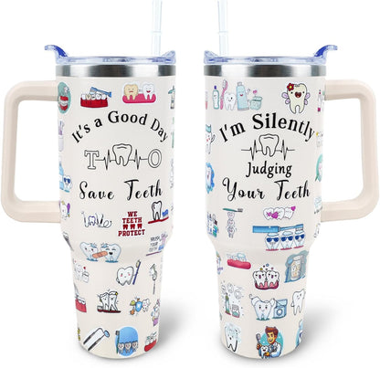 Dental 40 oz Tumbler with Handle Straw Lid Leak Proof | Travel Coffee Mug Insulated Hot Cold Ice Christmas Mothers Day Birthday Gifts for Women Dental