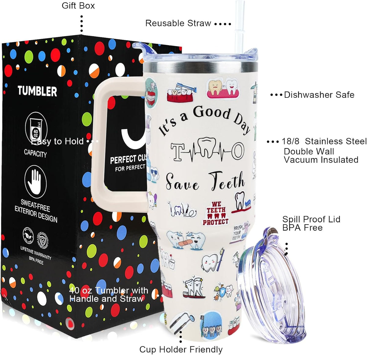 Dental 40 oz Tumbler with Handle Straw Lid Leak Proof | Travel Coffee Mug Insulated Hot Cold Ice Christmas Mothers Day Birthday Gifts for Women Dental