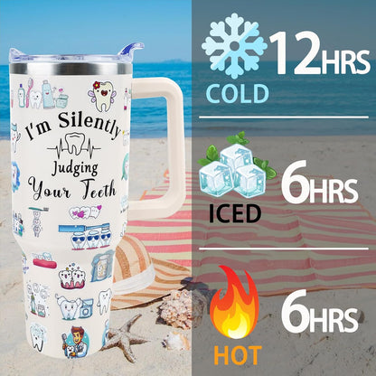 Dental 40 oz Tumbler with Handle Straw Lid Leak Proof | Travel Coffee Mug Insulated Hot Cold Ice Christmas Mothers Day Birthday Gifts for Women Dental
