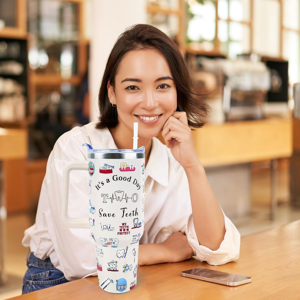 Dental 40 oz Tumbler with Handle Straw Lid Leak Proof | Travel Coffee Mug Insulated Hot Cold Ice Christmas Mothers Day Birthday Gifts for Women Dental