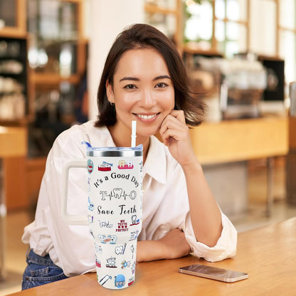 Dental 40 oz Tumbler with Handle Straw Lid Leak Proof | Travel Coffee Mug Insulated Hot Cold Ice Christmas Mothers Day Birthday Gifts for Women Dental