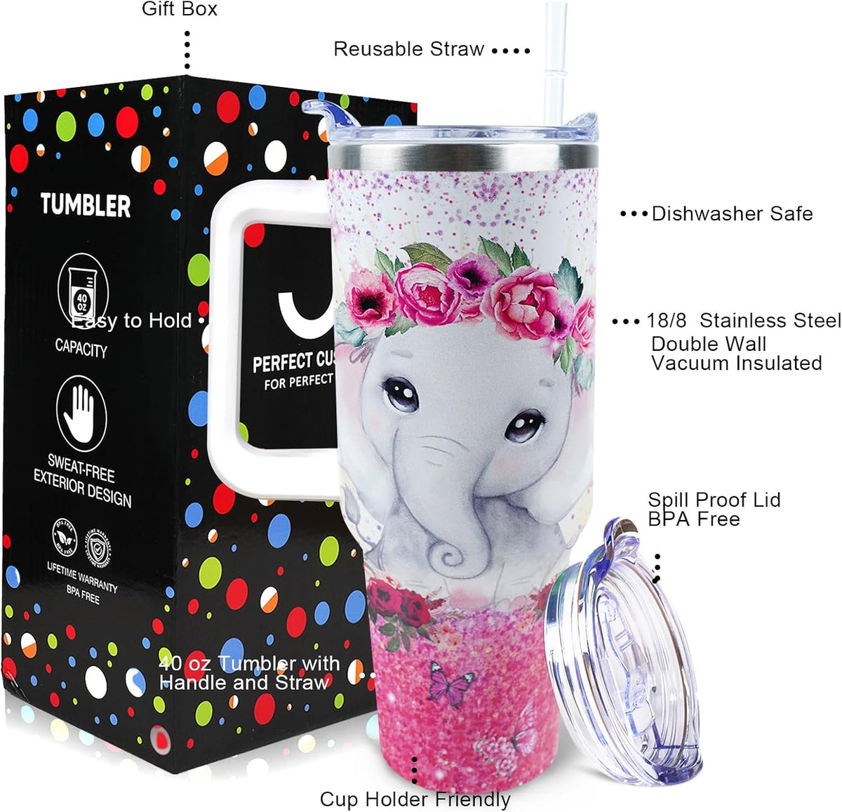 Dental 40 oz Tumbler with Handle Straw Lid Leak Proof | Travel Coffee Mug Insulated Hot Cold Ice Christmas Mothers Day Birthday Gifts for Women Dental