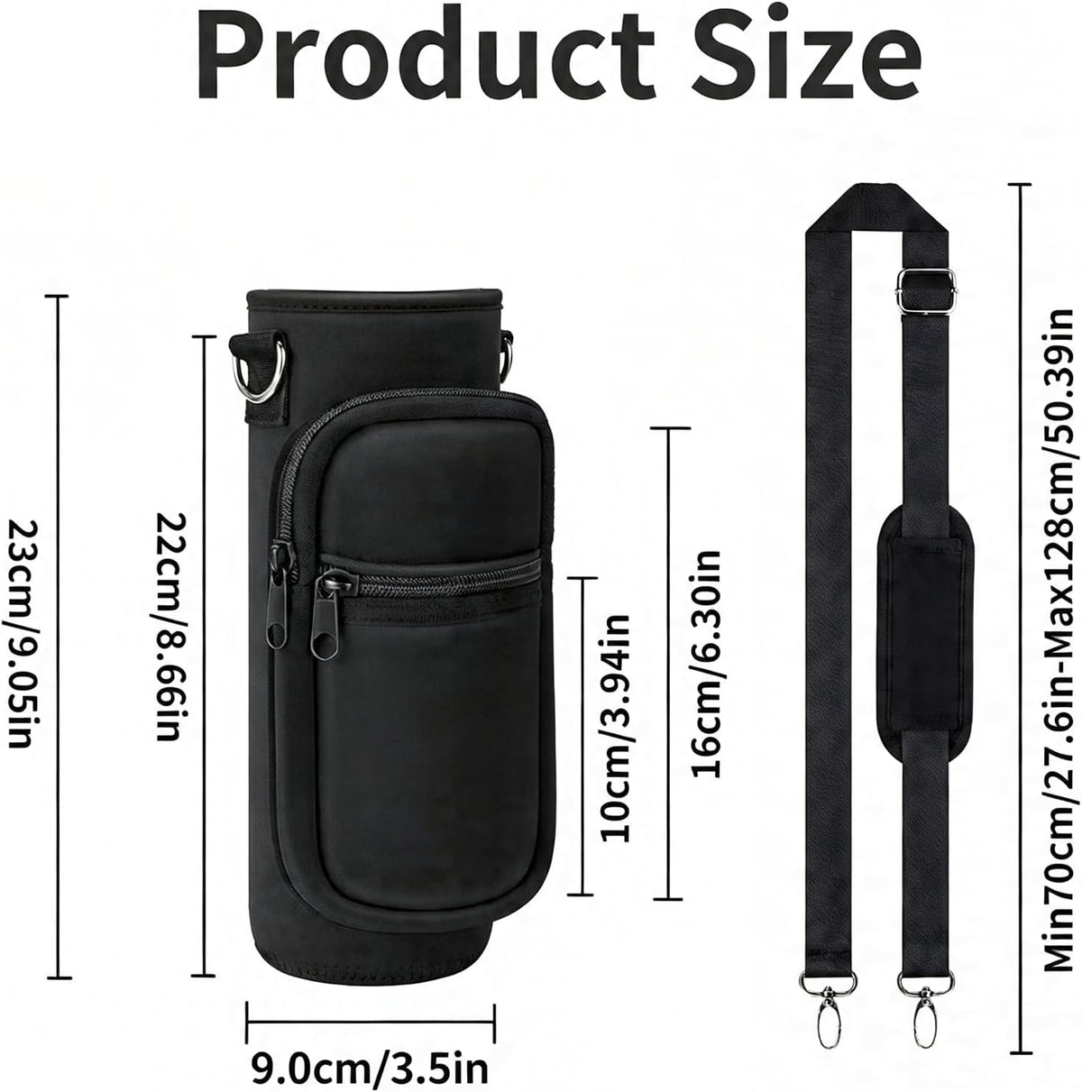 Water Bottle Holder with Strap, Insulated Crossbody Carrier Bag, Black