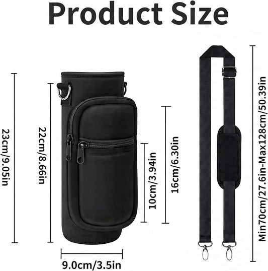 Water Bottle Holder with Strap, Insulated Crossbody Carrier Bag, Black