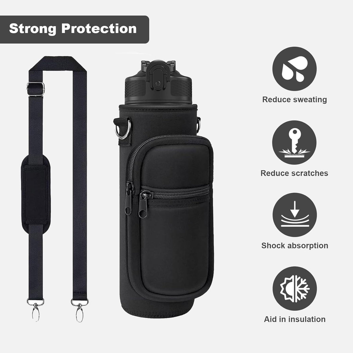 Water Bottle Holder with Strap, Insulated Crossbody Carrier Bag, Black