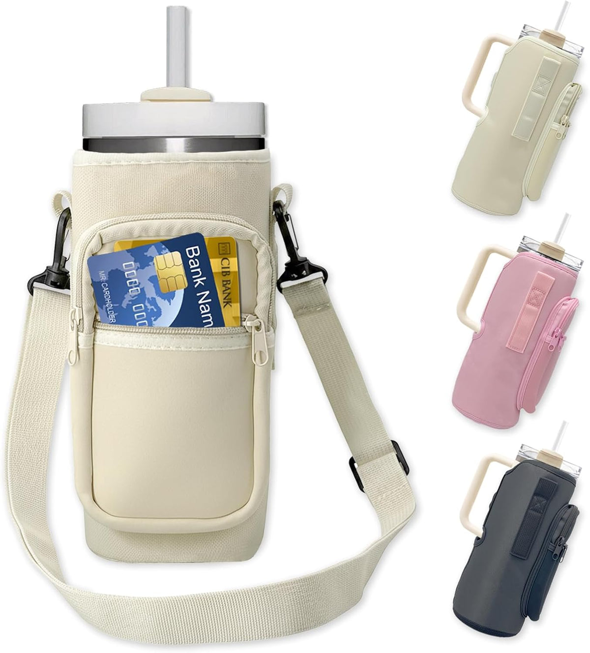 Water Bottle Holder with Strap, Insulated Crossbody Carrier Bag, Black