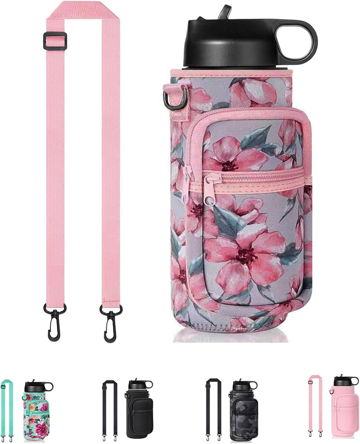 Water Bottle Holder with Strap, Insulated Crossbody Carrier Bag, Black