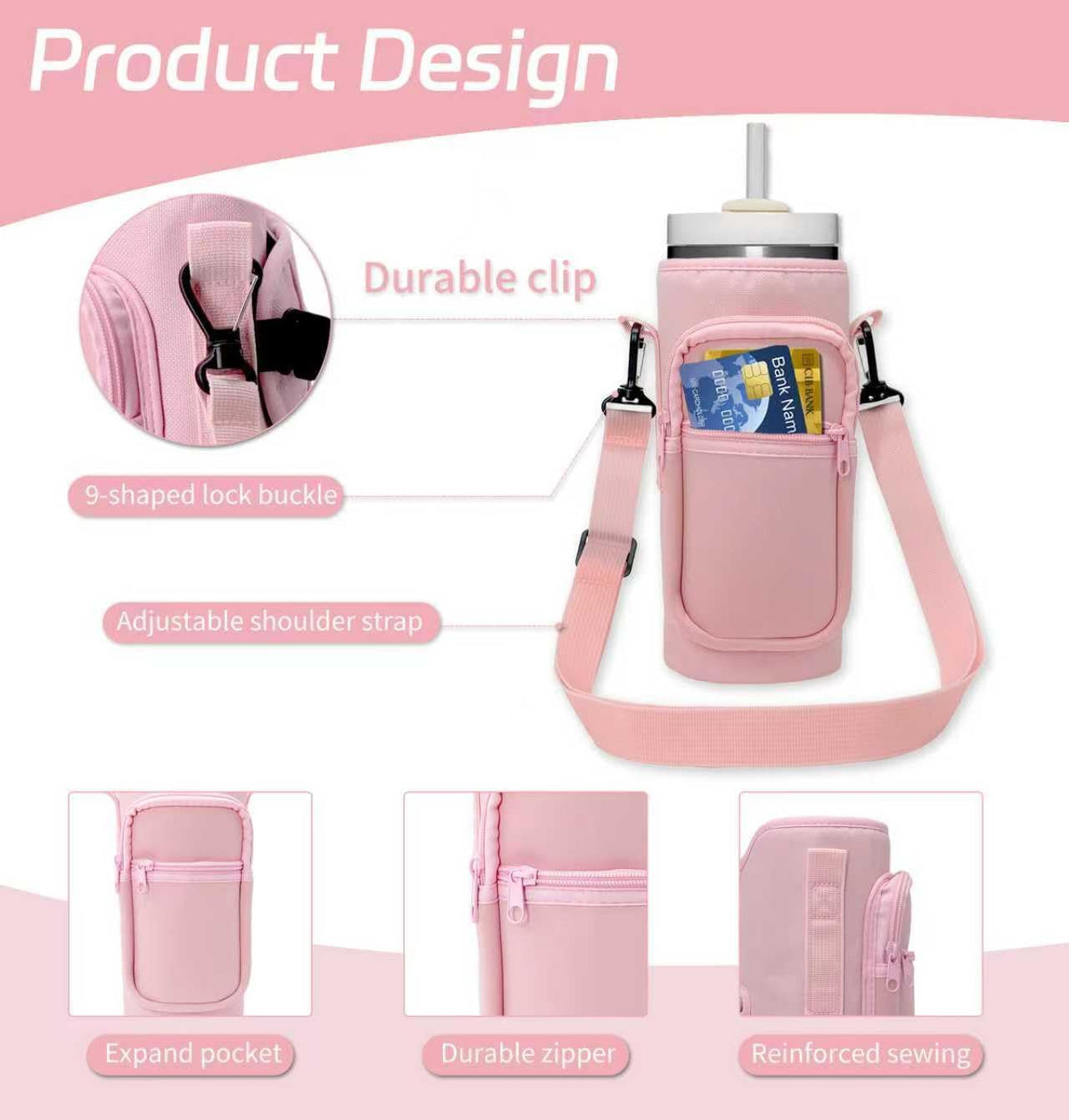 Water Bottle Holder with Strap, Insulated Crossbody Carrier Bag, Black