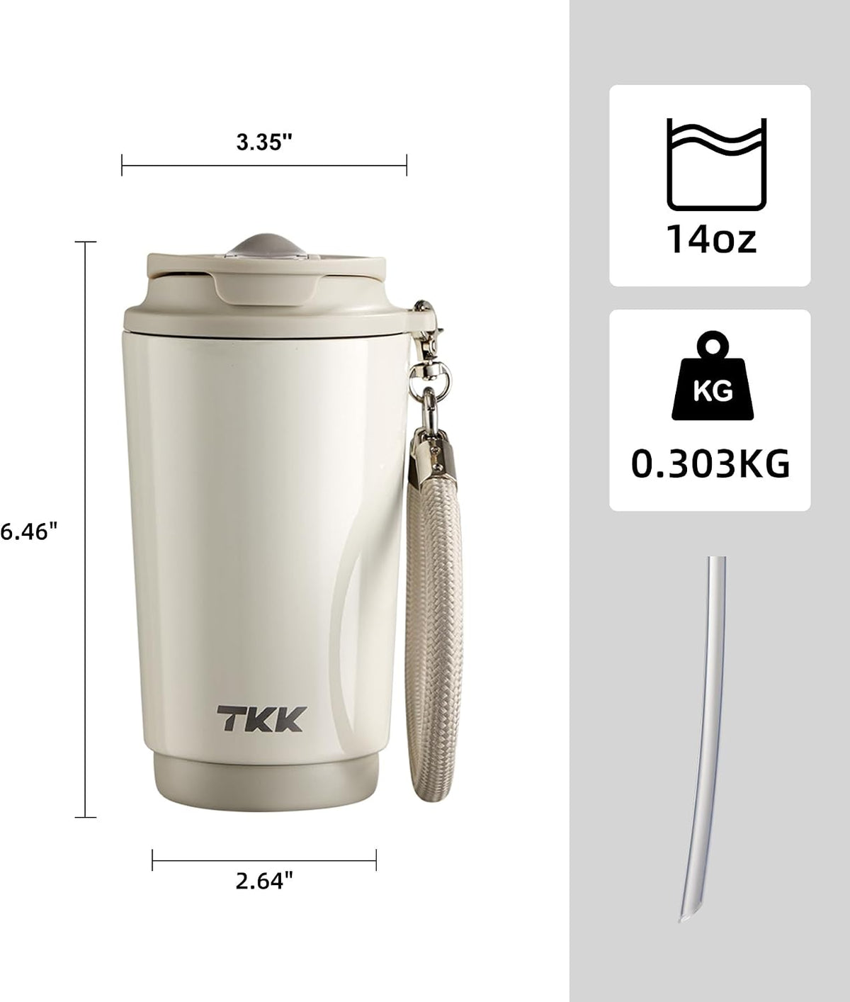 Coffee Cup with Ceramic Coating - 14oz Insulated Stainless Steel Travel Mug, Leak-Proof Tumblers with Straw for Hot/Cold Beverages, Easy Wide Mouth Cleaning, White