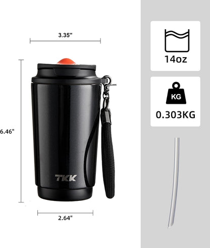 Coffee Cup with Ceramic Coating - 14oz Insulated Stainless Steel Travel Mug, Leak-Proof Tumblers with Straw for Hot/Cold Beverages, Easy Wide Mouth Cleaning, White