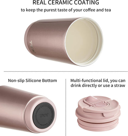 Coffee Cup with Ceramic Coating - 14oz Insulated Stainless Steel Travel Mug, Leak-Proof Tumblers with Straw for Hot/Cold Beverages, Easy Wide Mouth Cleaning, White