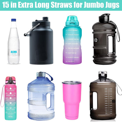 15 inch Extra Long Reusable Silicone Straws, 4-Pack Flexible Straws for Stanley 40 oz Tumbler, 1 Gallon Water Bottles, 128 64 30 oz Jug Cup with Cleaning Brush