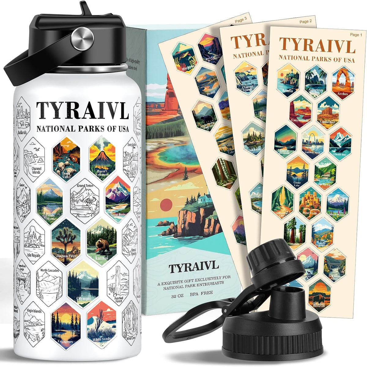 National Parks Water Bottle with Stickers, Birthday Gifts for Men and Women, 32oz Wide Mouth Leakproof Stainless Steel Bucket List Insulated Bottle for Camping & Hiking