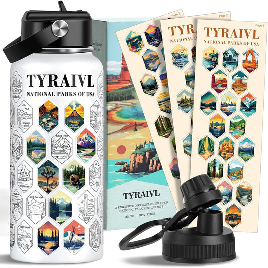National Parks Water Bottle with Stickers, Birthday Gifts for Men and Women, 32oz Wide Mouth Leakproof Stainless Steel Bucket List Insulated Bottle for Camping & Hiking