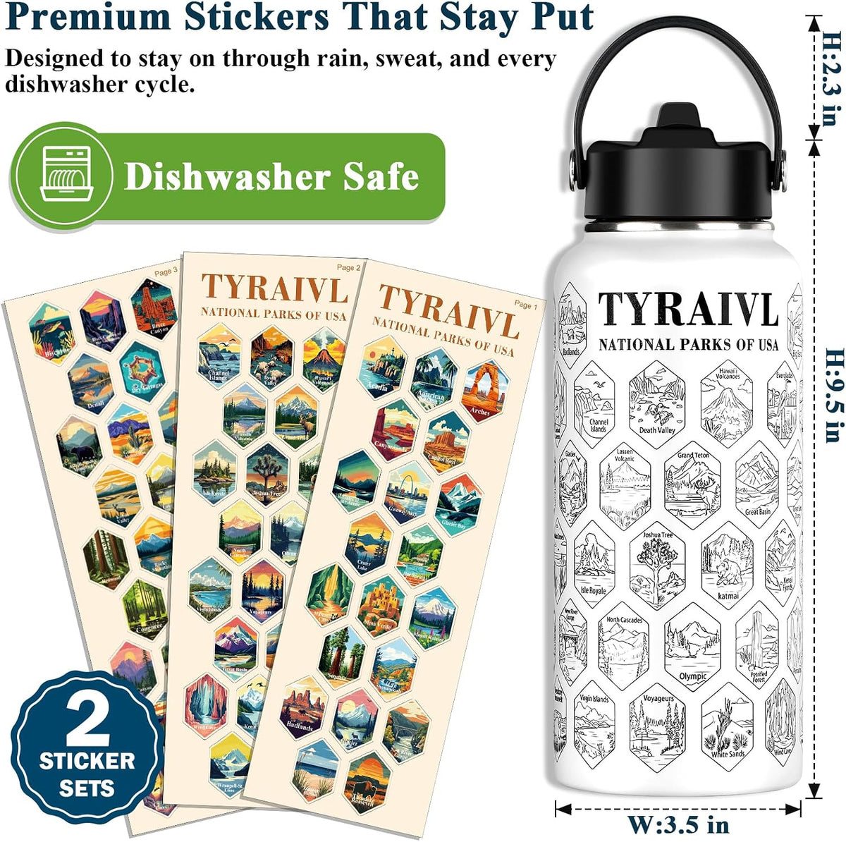 National Parks Water Bottle with Stickers, Birthday Gifts for Men and Women, 32oz Wide Mouth Leakproof Stainless Steel Bucket List Insulated Bottle for Camping & Hiking