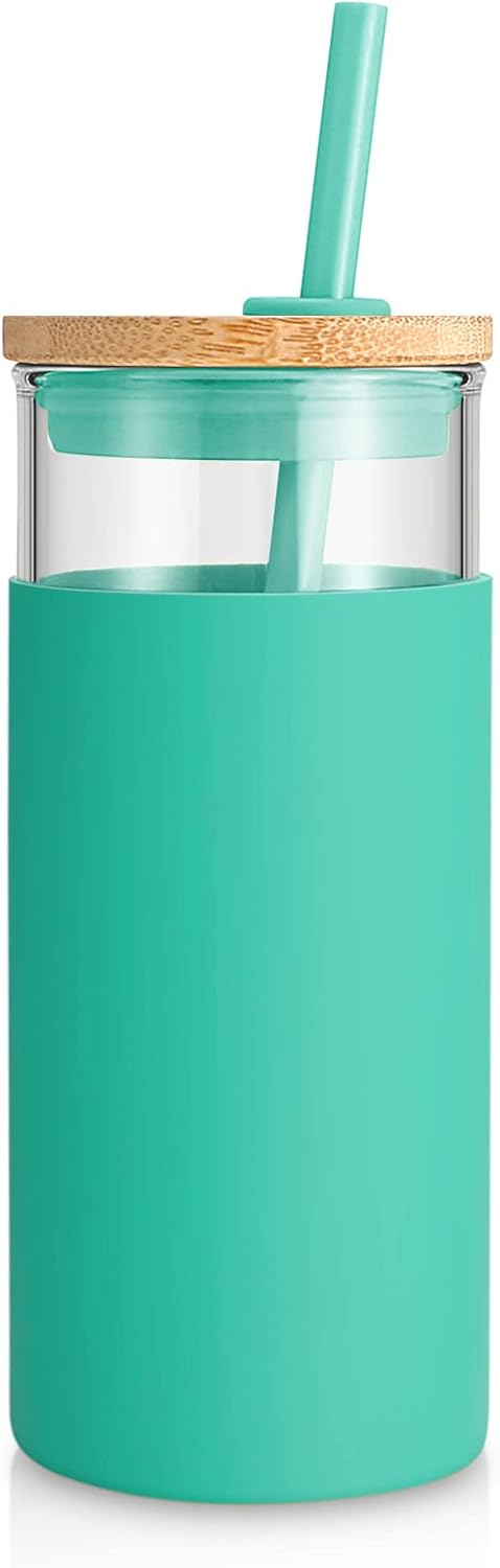 20 oz Glass Tumbler with Lids and Straws, Reusable Iced Coffee Cups | Borosilicate Glass Cups with Bamboo Lid, Silicone Sleeve, Dishwasher Safe, Cup Holder Friendly, BPA-Free, Iced Coffee Tumbler - Colors B