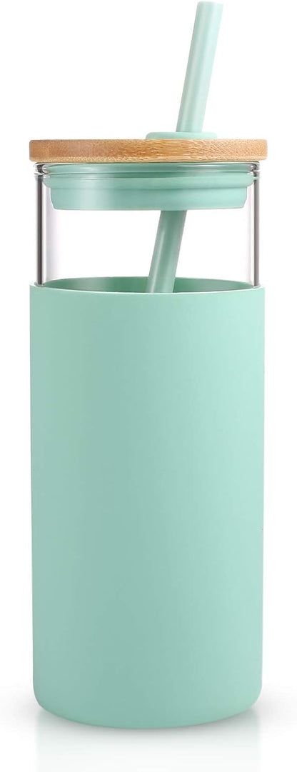 20 oz Glass Tumbler with Lids and Straws, Reusable Iced Coffee Cups | Borosilicate Glass Cups with Bamboo Lid, Silicone Sleeve, Dishwasher Safe, Cup Holder Friendly, BPA-Free, Iced Coffee Tumbler - Colors B