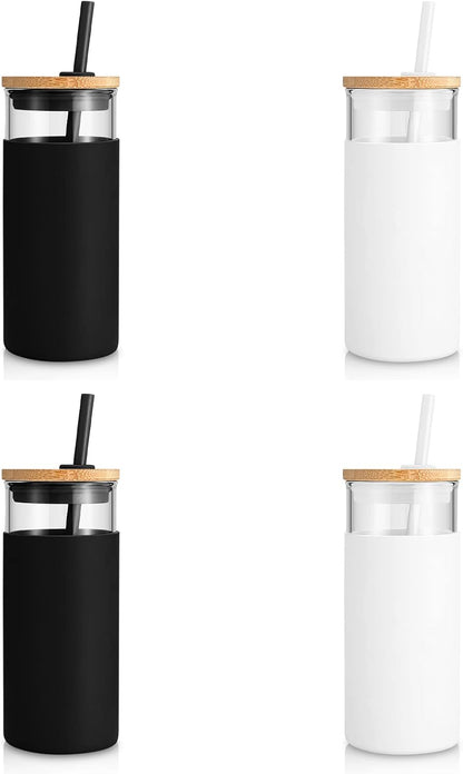 20 oz Glass Tumbler with Lids and Straws, Reusable Iced Coffee Cups | Borosilicate Glass Cups with Bamboo Lid, Silicone Sleeve, Dishwasher Safe, Cup Holder Friendly, BPA-Free, Iced Coffee Tumbler - Colors B