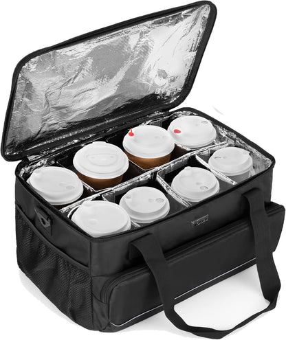 8-Cup Drink Carrier for Delivery Insulated Tote Bag, Black | Adjustable Dividers, Handle & Shoulder Strap,Reusable for Beverages,Food Take Out,Outdoors