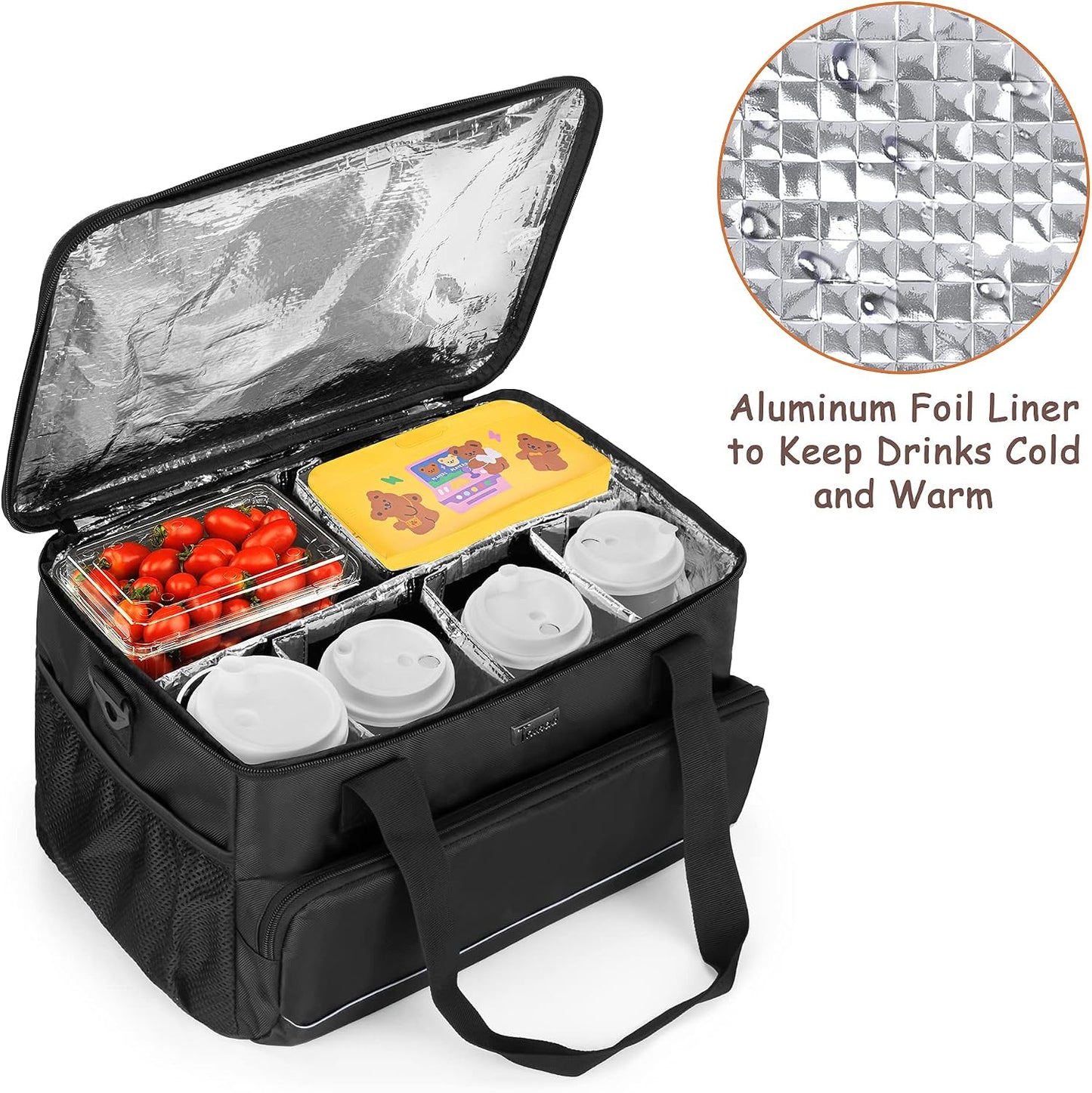 8-Cup Drink Carrier for Delivery Insulated Tote Bag, Black | Adjustable Dividers, Handle & Shoulder Strap,Reusable for Beverages,Food Take Out,Outdoors
