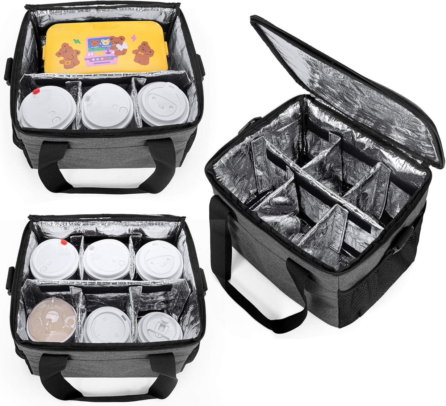 8-Cup Drink Carrier for Delivery Insulated Tote Bag, Black | Adjustable Dividers, Handle & Shoulder Strap,Reusable for Beverages,Food Take Out,Outdoors