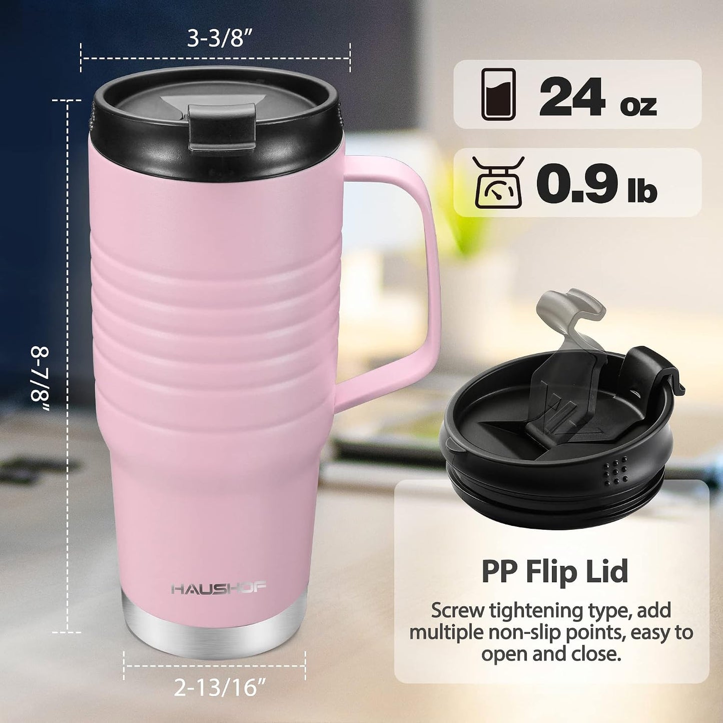 24 oz Travel Mug with Handle, Stainless Steel Vacuum Insulated Coffee Double Wall Travel Mugs with Leakproof Lid, BPA Free