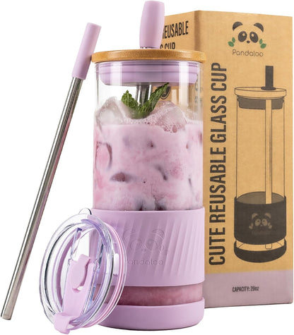 ® Glass Cups With Lids and Straws -20 Fl Oz- Perfect Size Iced Coffee Cup - Smoothie Cup With Bamboo Lid and On the go Lid - Glass Tumbler With Straw (1 Count (Pack of 1), Lilac Rhapsody)