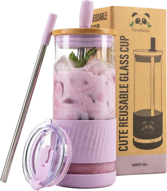 ® Glass Cups With Lids and Straws -20 Fl Oz- Perfect Size Iced Coffee Cup - Smoothie Cup With Bamboo Lid and On the go Lid - Glass Tumbler With Straw (1 Count (Pack of 1), Lilac Rhapsody)