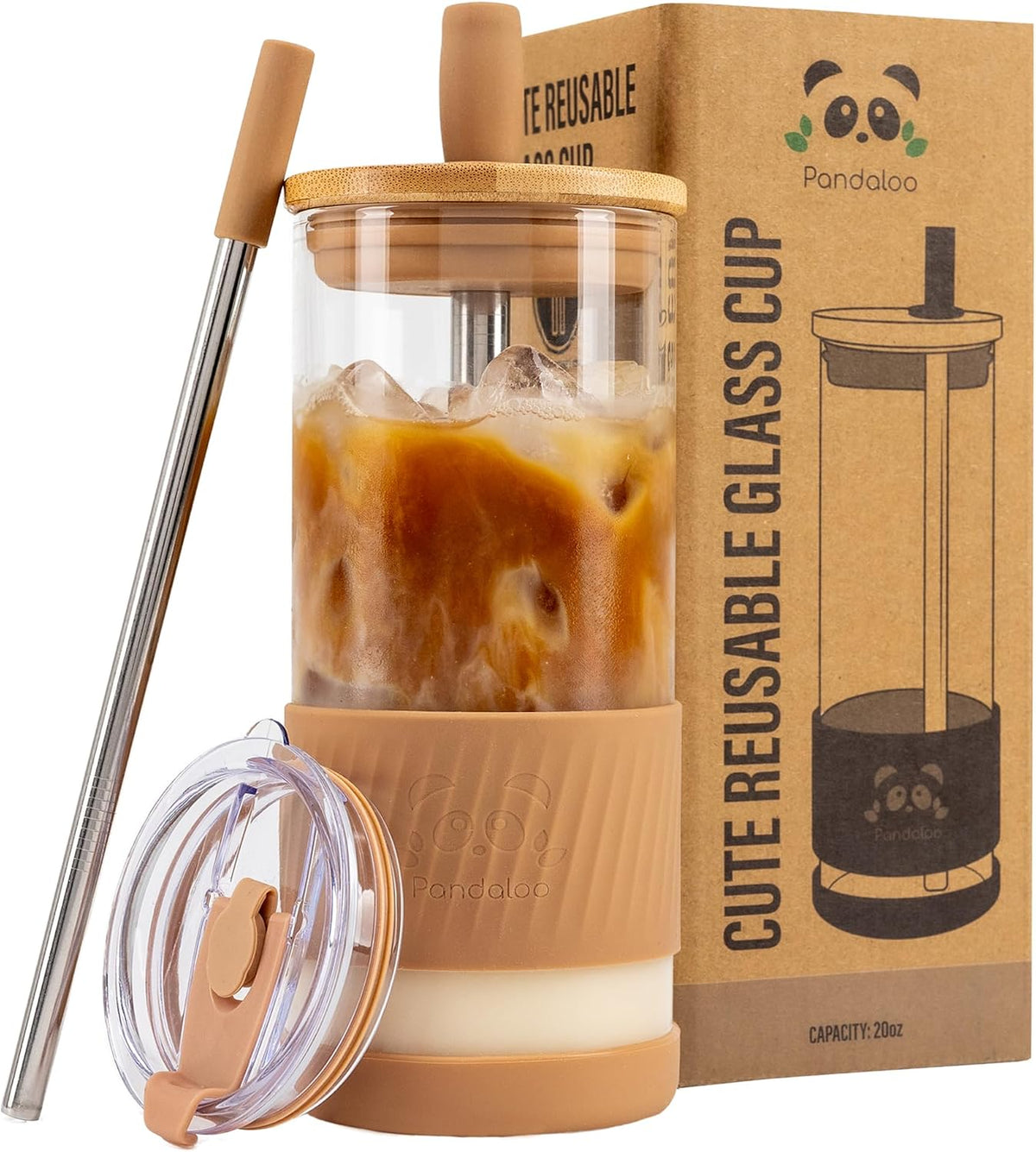 ® Glass Cups With Lids and Straws -20 Fl Oz- Perfect Size Iced Coffee Cup - Smoothie Cup With Bamboo Lid and On the go Lid - Glass Tumbler With Straw (1 Count (Pack of 1), Lilac Rhapsody)