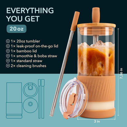 ® Glass Cups With Lids and Straws -20 Fl Oz- Perfect Size Iced Coffee Cup - Smoothie Cup With Bamboo Lid and On the go Lid - Glass Tumbler With Straw (1 Count (Pack of 1), Lilac Rhapsody)