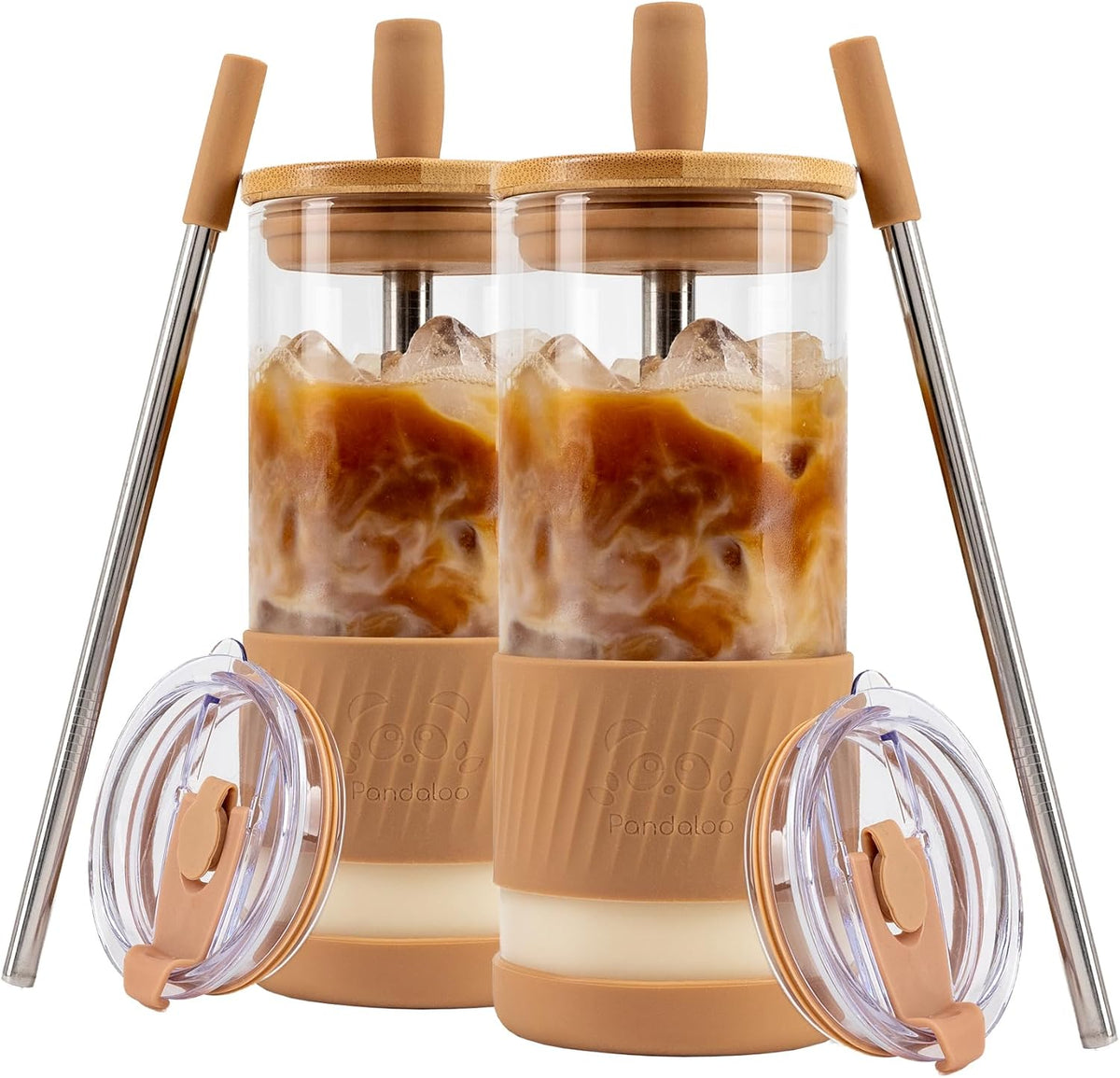 ® Glass Cups With Lids and Straws -20 Fl Oz- Perfect Size Iced Coffee Cup - Smoothie Cup With Bamboo Lid and On the go Lid - Glass Tumbler With Straw (1 Count (Pack of 1), Lilac Rhapsody)