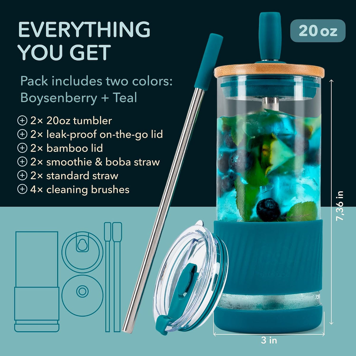 ® Glass Cups With Lids and Straws -20 Fl Oz- Perfect Size Iced Coffee Cup - Smoothie Cup With Bamboo Lid and On the go Lid - Glass Tumbler With Straw (1 Count (Pack of 1), Lilac Rhapsody)