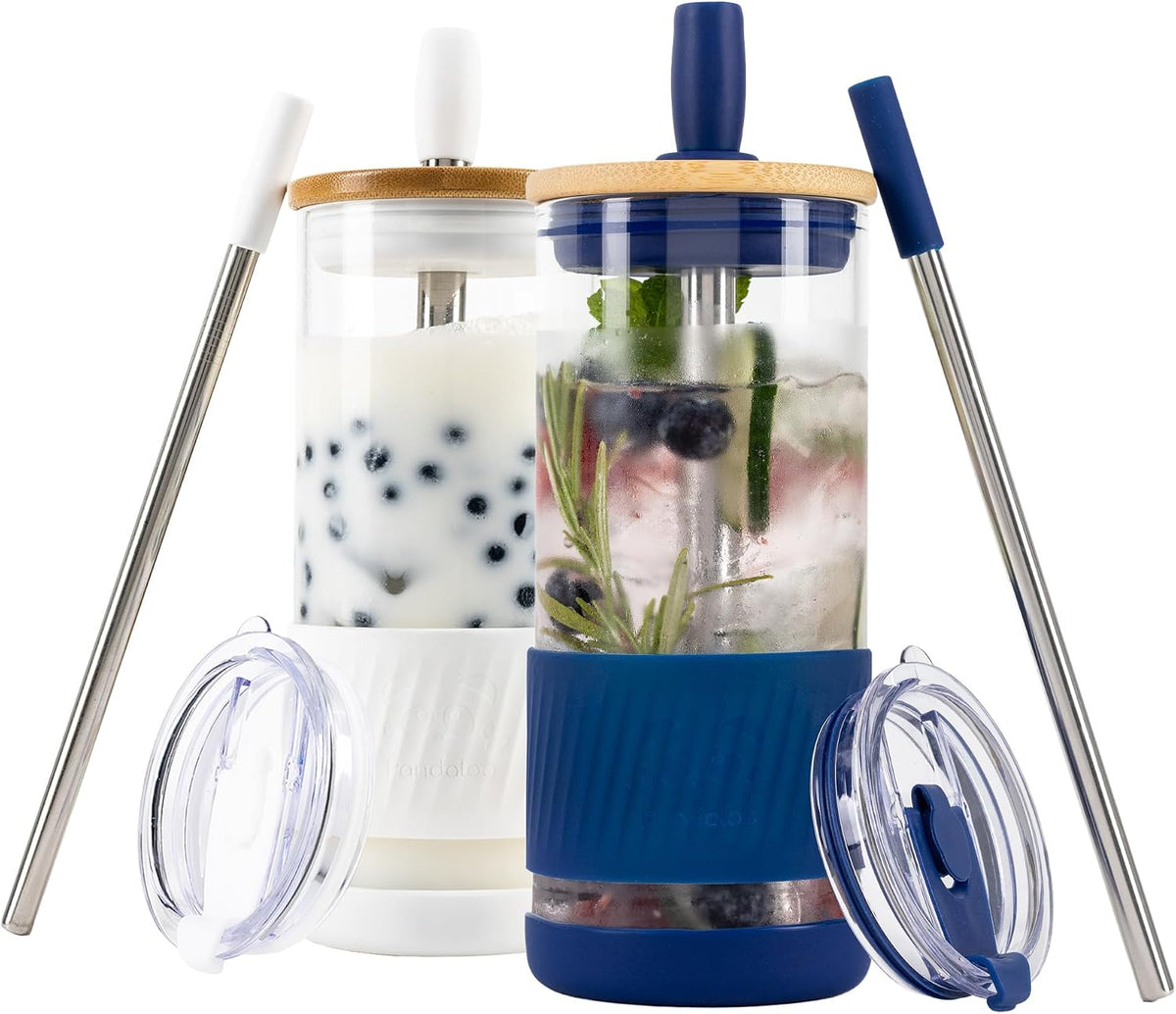® Glass Cups With Lids and Straws -20 Fl Oz- Perfect Size Iced Coffee Cup - Smoothie Cup With Bamboo Lid and On the go Lid - Glass Tumbler With Straw (1 Count (Pack of 1), Lilac Rhapsody)