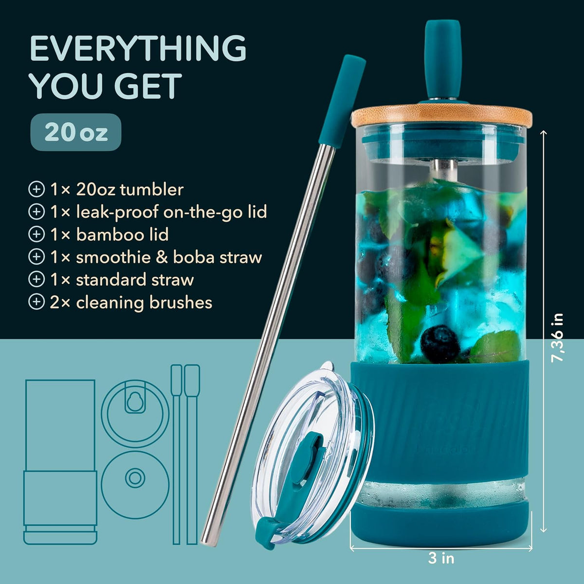 ® Glass Cups With Lids and Straws -20 Fl Oz- Perfect Size Iced Coffee Cup - Smoothie Cup With Bamboo Lid and On the go Lid - Glass Tumbler With Straw (1 Count (Pack of 1), Lilac Rhapsody)