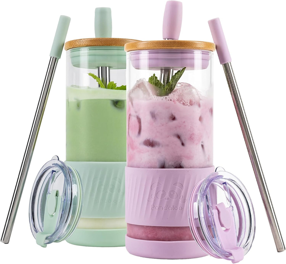 ® Glass Cups With Lids and Straws -20 Fl Oz- Perfect Size Iced Coffee Cup - Smoothie Cup With Bamboo Lid and On the go Lid - Glass Tumbler With Straw (1 Count (Pack of 1), Lilac Rhapsody)