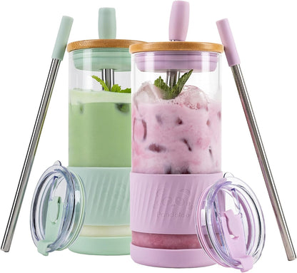 ® Glass Cups With Lids and Straws -20 Fl Oz- Perfect Size Iced Coffee Cup - Smoothie Cup With Bamboo Lid and On the go Lid - Glass Tumbler With Straw (1 Count (Pack of 1), Lilac Rhapsody)
