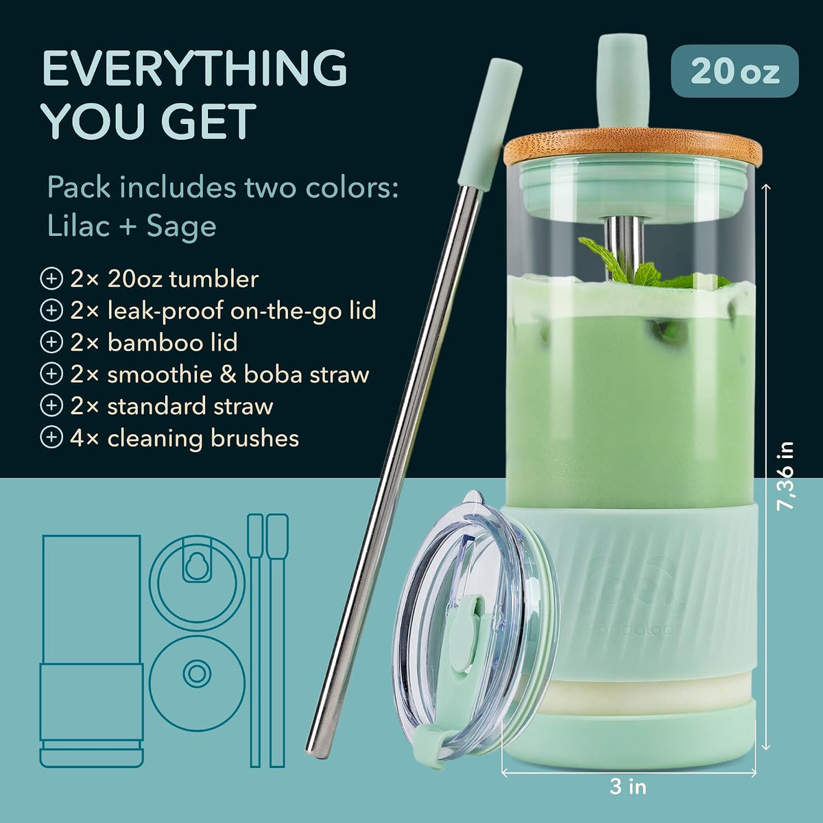 ® Glass Cups With Lids and Straws -20 Fl Oz- Perfect Size Iced Coffee Cup - Smoothie Cup With Bamboo Lid and On the go Lid - Glass Tumbler With Straw (1 Count (Pack of 1), Lilac Rhapsody)