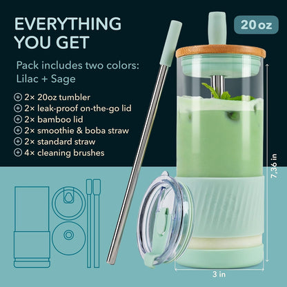 ® Glass Cups With Lids and Straws -20 Fl Oz- Perfect Size Iced Coffee Cup - Smoothie Cup With Bamboo Lid and On the go Lid - Glass Tumbler With Straw (1 Count (Pack of 1), Lilac Rhapsody)