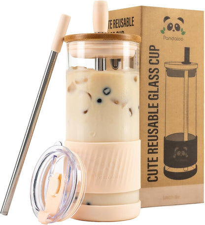 ® Glass Cups With Lids and Straws -20 Fl Oz- Perfect Size Iced Coffee Cup - Smoothie Cup With Bamboo Lid and On the go Lid - Glass Tumbler With Straw (1 Count (Pack of 1), Lilac Rhapsody)