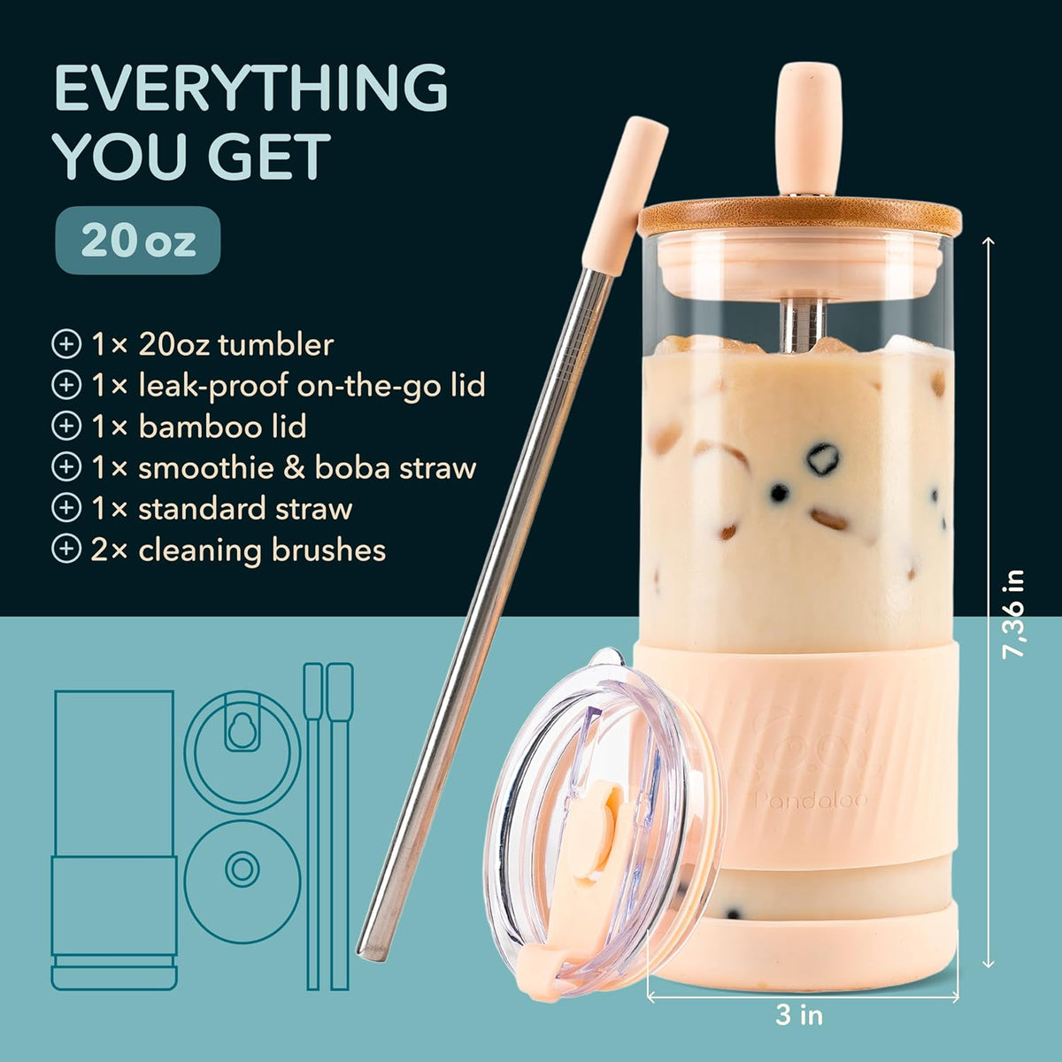 ® Glass Cups With Lids and Straws -20 Fl Oz- Perfect Size Iced Coffee Cup - Smoothie Cup With Bamboo Lid and On the go Lid - Glass Tumbler With Straw (1 Count (Pack of 1), Lilac Rhapsody)