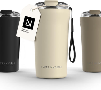 LARS NYSØM Thermo Coffee Mug to go with Strap 13oz | Travel Mug 0.38 Liter with Insulation | Leak Proof Stainless Steel Thermal Tumbler for Coffee and Tea to Go (Pine Green, 12.9oz)