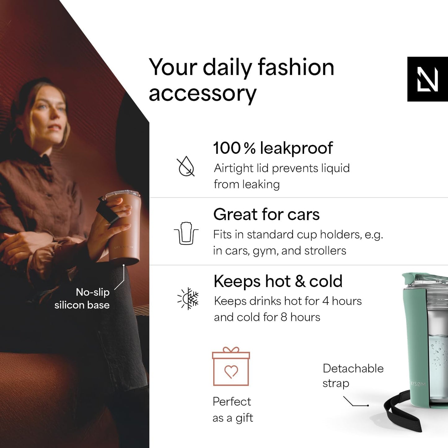 LARS NYSØM Thermo Coffee Mug to go with Strap 13oz | Travel Mug 0.38 Liter with Insulation | Leak Proof Stainless Steel Thermal Tumbler for Coffee and Tea to Go (Pine Green, 12.9oz)